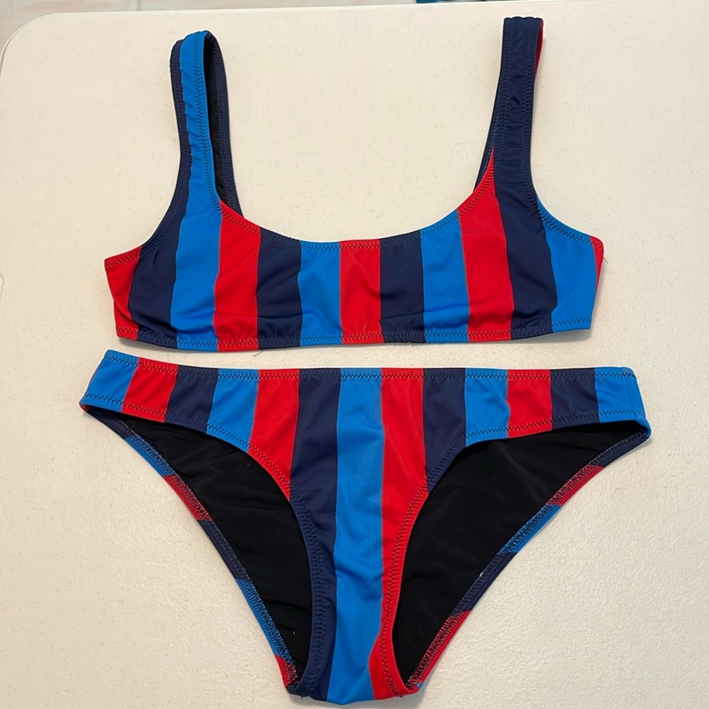 Solid and Striped bikini in blue, navy and red